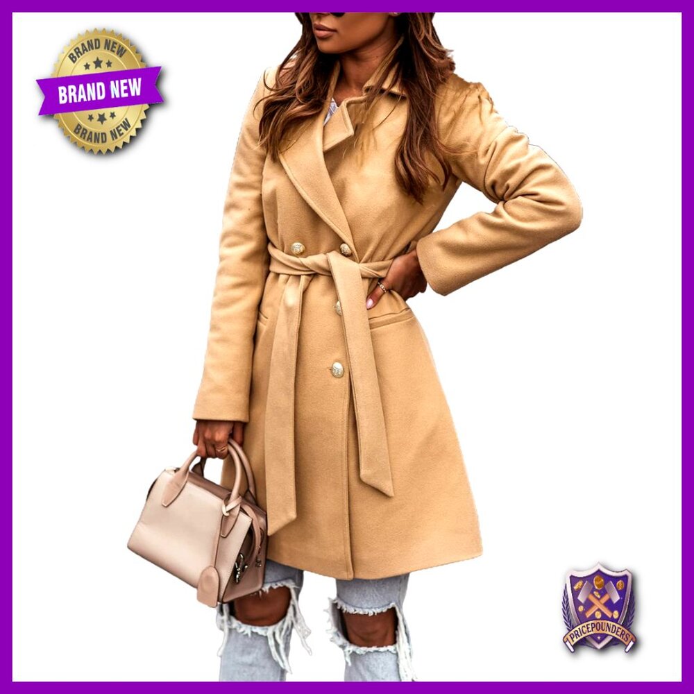 Wool Trench Coat Double Breasted Belted Classic Fall Winter Peacoat - Picture 1 of 4